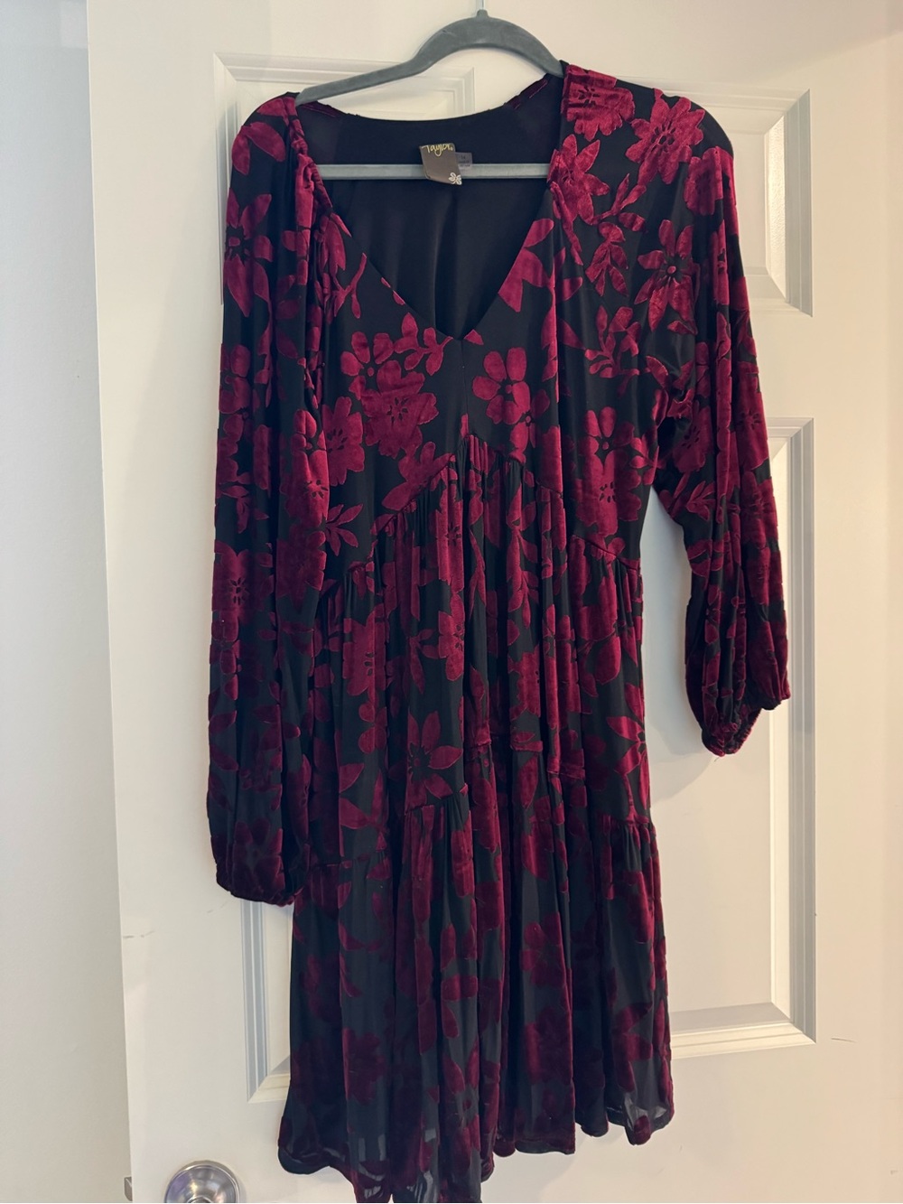 TAYLOR Women's Black Dress with Burgundy Floral Burnout - Elegant Dress